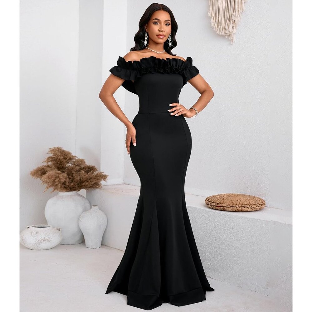 Women's Black Cololura Sexy Floor-Length Off Shoulder Ruffles Stringy Selvedge - Picture 2 of 8